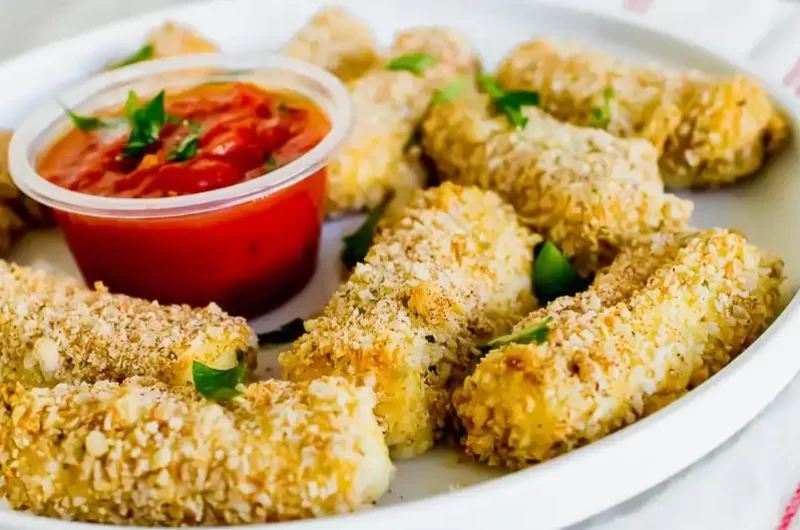 palitos de mozzarella y una taza de salsa marinara en un plato blanco